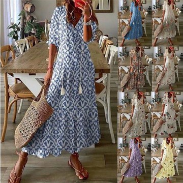 2023春夏亞馬遜歐美跨境休閑甜美寬松V領印花吊須中袖長款連衣裙