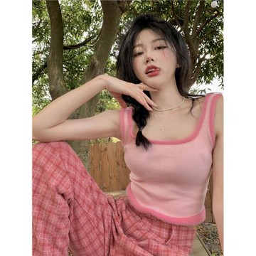 粉色純欲毛絨拼接吊帶背心女外穿小眾設計感夏季內搭性感無袖上衣