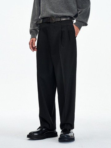 潮流通勤黑色休閒西褲男士簡約雙褶襇寬鬆休閒九分褲