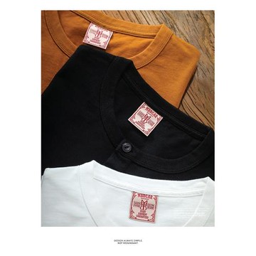 美式復古重磅純棉亨利領短袖T恤男新疆棉阿美咔嘰簡約亨利打底衫