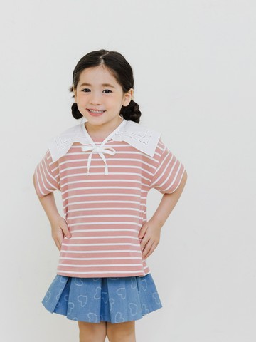 棉質條紋可拆式領片短袖上衣