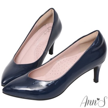 Ann’S魔術軟漆V口顯瘦低跟尖頭包鞋-藍