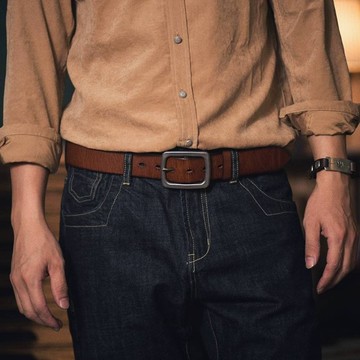 男士工裝風格 腰帶頭層厚植鞣革皮帶美式復古日字針扣 鋼扣