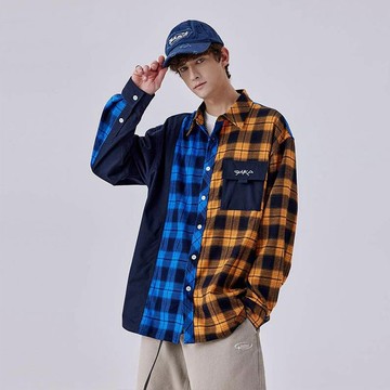 撞色拼接長袖襯衫 日系嘻格子襯衫 針織外套