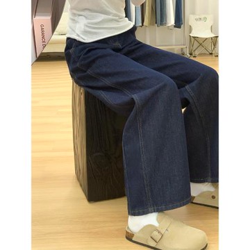 深藍色闊腿牛仔褲女秋冬加絨胖妹妹mm高腰寬松顯瘦梨形身材直筒褲