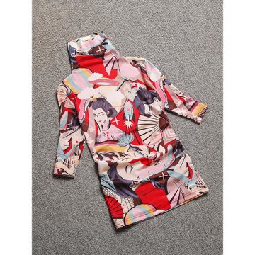 高領打底衫女秋裝氣質中袖網紗t恤修身花色五分袖紅色中國風上衣