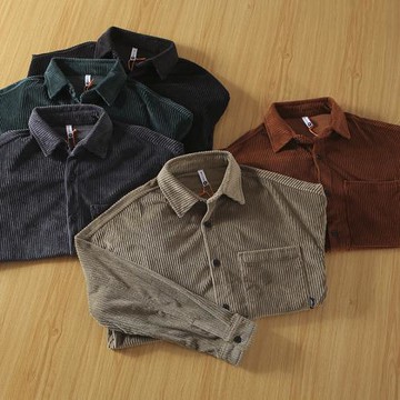 質感滿滿！加厚燈芯絨外貿男裝秋冬新款休閑工裝純色長袖襯衫外套