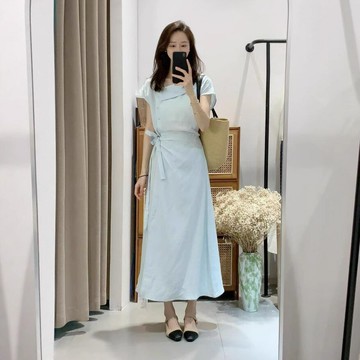 2025新款夏季今年流行爆款小個子巨好看的藍色收腰襯衫連衣裙子女鑫弘-素時衣櫥
