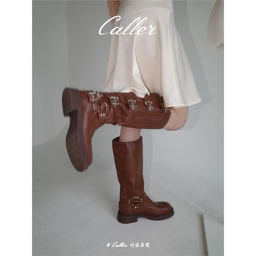 阿希哥同款miu家歐美真皮金屬搭扣朋克騎士靴高筒靴西部牛仔靴女