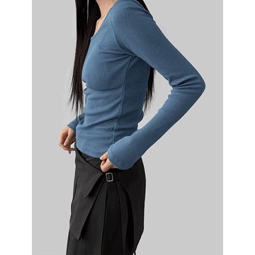 Codibook｜韓國 MAENIQUE 杏仁色羅紋圓領緊身長袖T恤［預購］長袖上衣 T恤 女裝