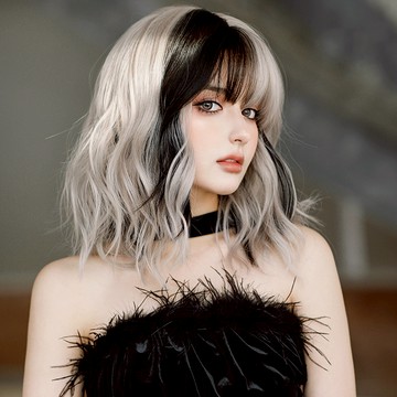 [台灣現貨附發票] 銀灰粉劉海染色羊毛捲整頂假髮 女 假髮整頂 假发 仿真假髮 wig 短髮假髮 劉海 空氣瀏海 短假