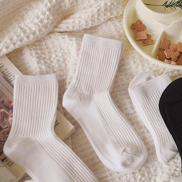 "新疆精梳純棉“襪子女中筒襪春夏季簡約雙針全棉純色堆堆襪日系