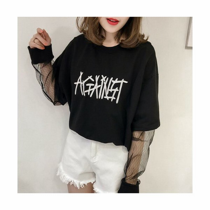 長袖tシャツ ロンt 袖シースルー 重ね着風 刺繍 ロゴ カジュアル クール ビッグシルエット ストリート Tシャツ オーバーサイズ 通販 Lineポイント最大get Lineショッピング