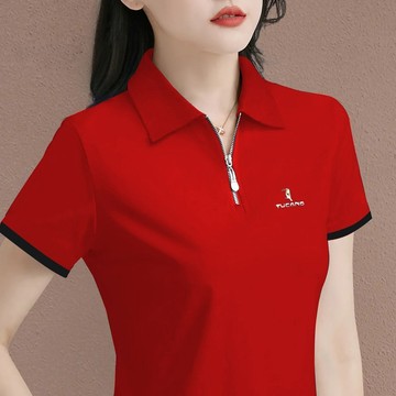 半拉鍊polo衫短袖T恤女士媽媽裝翻領洋氣時尚減齡百搭新款 POLO衫立領短袖上衣 半拉鏈POLO衫 POLO領上衣