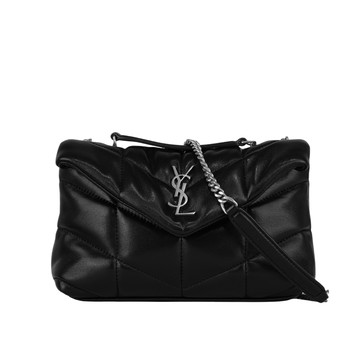 YSL Puffer Toy 銀字縫線小羊皮迷你翻蓋鍊包(黑色)