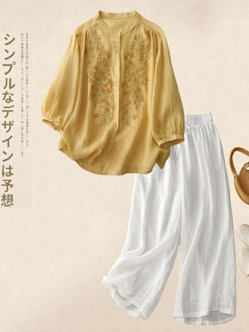 棉麻套裝女  復古刺繡高端大氣襯衫中老年媽媽棉麻夏裝上衣棉麻套裝休閑兩件套