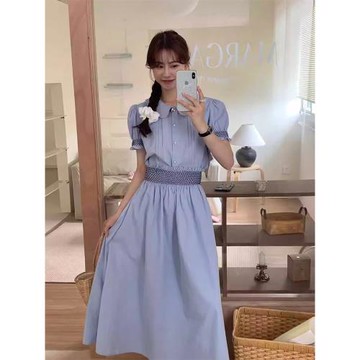 韓國chic夏季溫柔減齡娃娃領百搭短袖襯衫+木耳邊高腰半身裙套裝