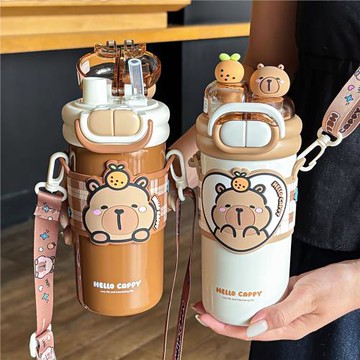 卡皮巴拉卡通可愛雙飲保溫杯便攜斜跨背帶帶鎖扣飲學生兒童水杯子