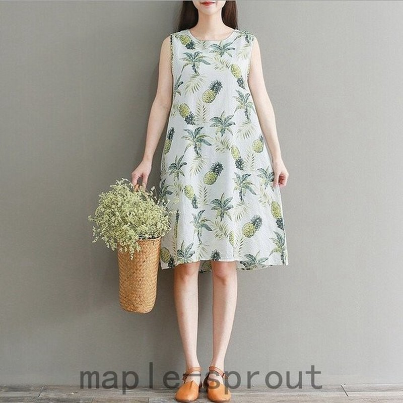 ワンピース レディース 40代 50代 きれいめ 春夏 綿麻 フルーツ柄 丸首 ノースリーブ ミニ丈 Aライン 通販 Lineポイント最大0 5 Get Lineショッピング