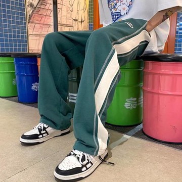 直筒運動褲男美式潮牌寬松休閑長褲條紋拼接高街褲子春秋男士衛褲