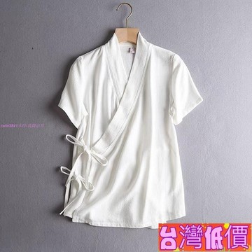 悅裳💎台灣免運💎中國風繫帶交領復古改良禪服漢服通用款短袖上衣大碼150.0kg唐裝T卹
