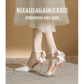 白色高跟鞋女新款2025夏水鉆蝴蝶結婚鞋新娘鞋平時可穿涼鞋女夏季