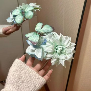 【蜜糖の髮飾】臺灣出貨青蝶棲蕊!薄荷青蝶鳶尾仿真花髮夾女小香風海邊髮飾高級超仙頭飾