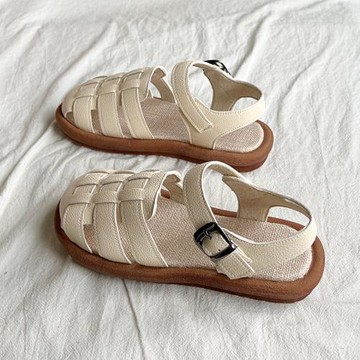 羅馬涼鞋女夏季休閑平底洞洞鞋百搭學生棉麻復古包頭編織豬籠鞋