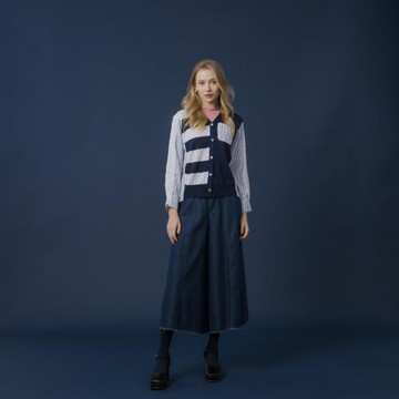 【YUTZUYA 優姿雅】條紋襯衫釦鏤空針織長版上衣