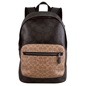 COACH CAB59 West 撞色印花LOGO雙層拉鍊大後背包.駝/深咖