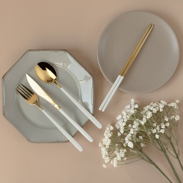 GVEA 韓式餐具4件組  金白色  1套  湯匙 + 筷子 + 叉子 + 刀