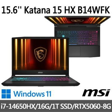 MSI微星 Katana 15 HX B14WFK-1071TW 15.6吋 電競筆電 (i7-14650HX/16G/1T SSD/RTX5060-8G/Win11)