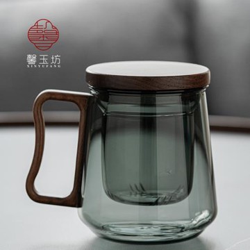 馨玉坊耐高溫木把玻璃水杯辦公室個人杯男士茶水分離花茶杯子帶蓋