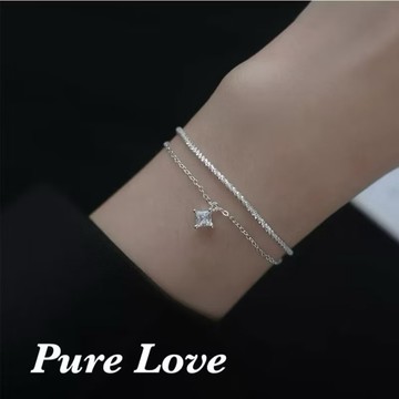 Pure Love樂芙 / 正韓 銀飾【S925純銀】B0836簡約通體純銀手鍊波光粼粼方鑽鋯石雙層手鏈 / 銀