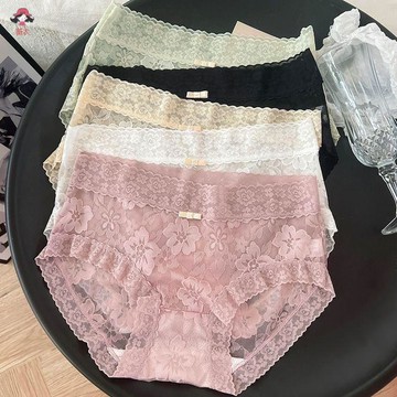 台灣出貨 內褲 新款法式性感蕾絲內褲女無痕抗菌棉質襠中腰親膚透氣女士透明褲頭高質感涼感絲滑冰絲無痕內褲