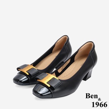 Ben&1966柔軟羊皮氣質金屬釦方頭跟鞋-黑(246221)