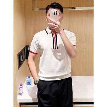 時尚新款洋氣拼色拉鏈翻領上衣 休閑男士短袖t恤修身針織polo衫男