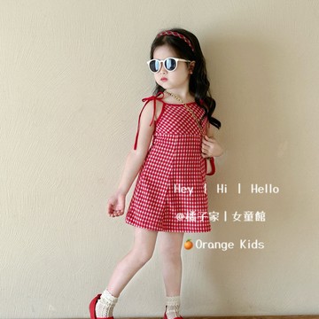 Orange Kids🍊【90-140】女童紅格吊帶裙 韓系女寶寶針織連身裙 女童吊帶裙子 女童洋裝 夏天童裝 韓版童裝