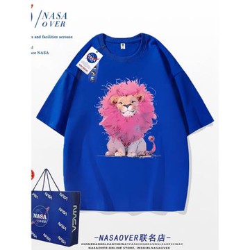 NASA熙熙同款男女圓領T恤百搭高街短袖粉色獅子寬松純棉體恤上衣