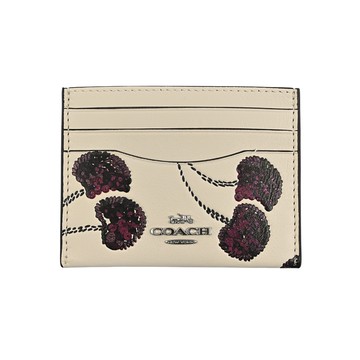 COACH仿刺繡櫻桃皮雕亮粉燙印白堊色素面皮革雙面名片/票卡夾