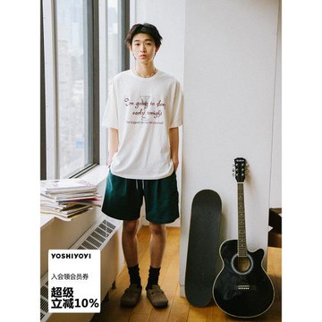 有時又一/祝君好眠 日系復古撞色印花短袖t恤男寬松情侶純棉上衣