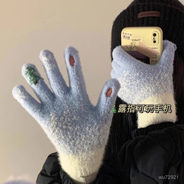 可觸屏聖誕樹毛線女士手套 冬季新款露指加厚保暖可愛學生防寒毛綫可觸屏聖誕樹手套