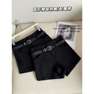 高腰性感辣妹休閑毛呢短褲女秋冬新款百搭煙管修身顯瘦黑色靴褲子