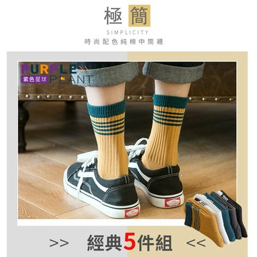 紫色星球 五件組 柔軟舒適 經典配色 好穿不臭 純棉 襪子【P6618】防臭襪 長襪 中筒襪 男襪 五色