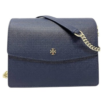TORY BURCH 雙T-LOGO防刮皮革翻蓋斜背包  深藍色  20.5 x 15.5 x 9cm