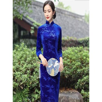 金絲絨女裝花色長旗袍裙2025年新款冬七分袖大碼禮服舞臺走秀演出