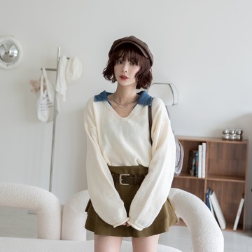 絕美設計~牛仔翻領拼接針織毛衣 RC8808A81【現貨】