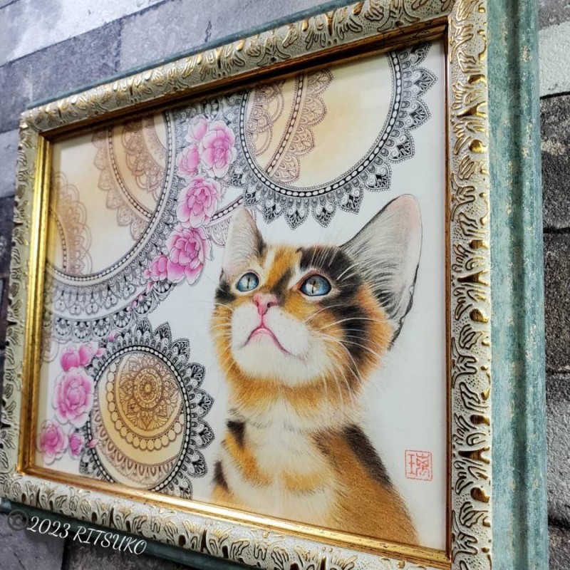 猫 色鉛筆 パステル画 額縁付き 卓上・壁掛け 【90%OFF!】 - 絵画