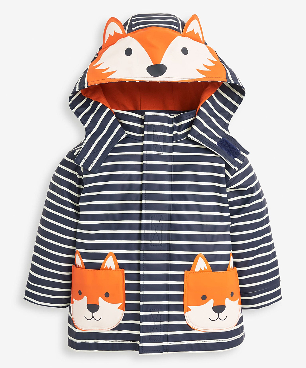 JoJo Maman Bebe Girls' Rain Coats Navy - Navy & Ecru Stripe Fox Hooded Raincoat - Infant, Toddler & Girls