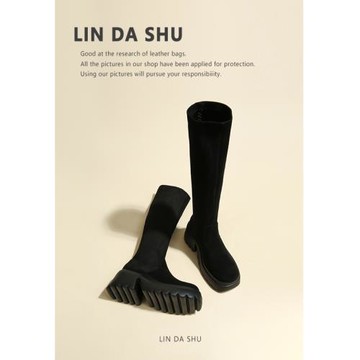 【林大叔】厚底高跟彈力靴子女長筒靴不過膝絨面高筒黑色瘦瘦長靴
